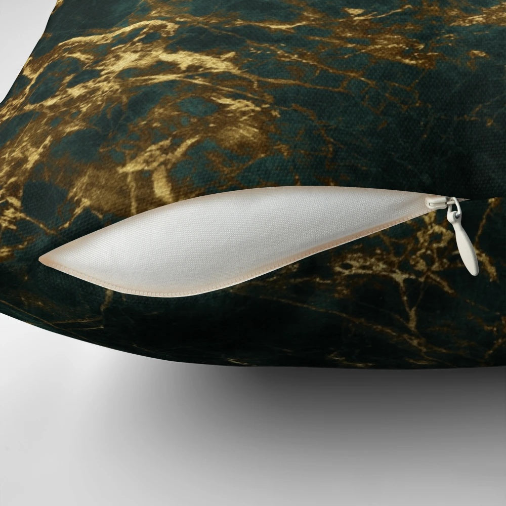 Lavish green faux marble pillow with ornate gold veins in a contemporary, sophisticated design.
