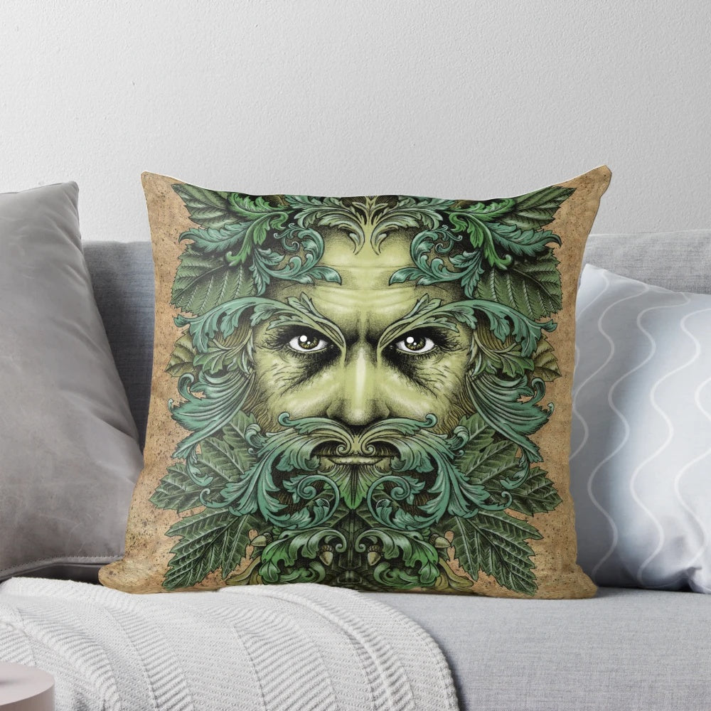 An ornate, fantasy-inspired pillow featuring the Green Man, a pagan nature deity surrounded by lush foliage and scrollwork.