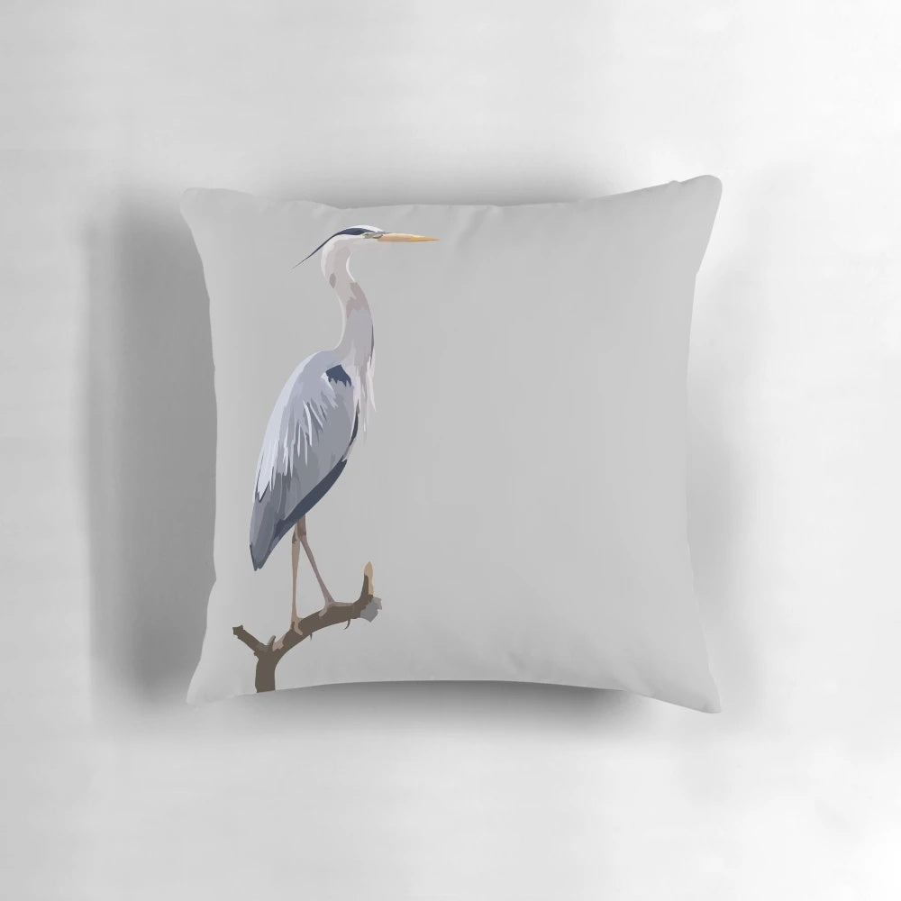 Beautifully detailed grey heron bird printed on a soft, high-quality pillow for nature-themed home decor