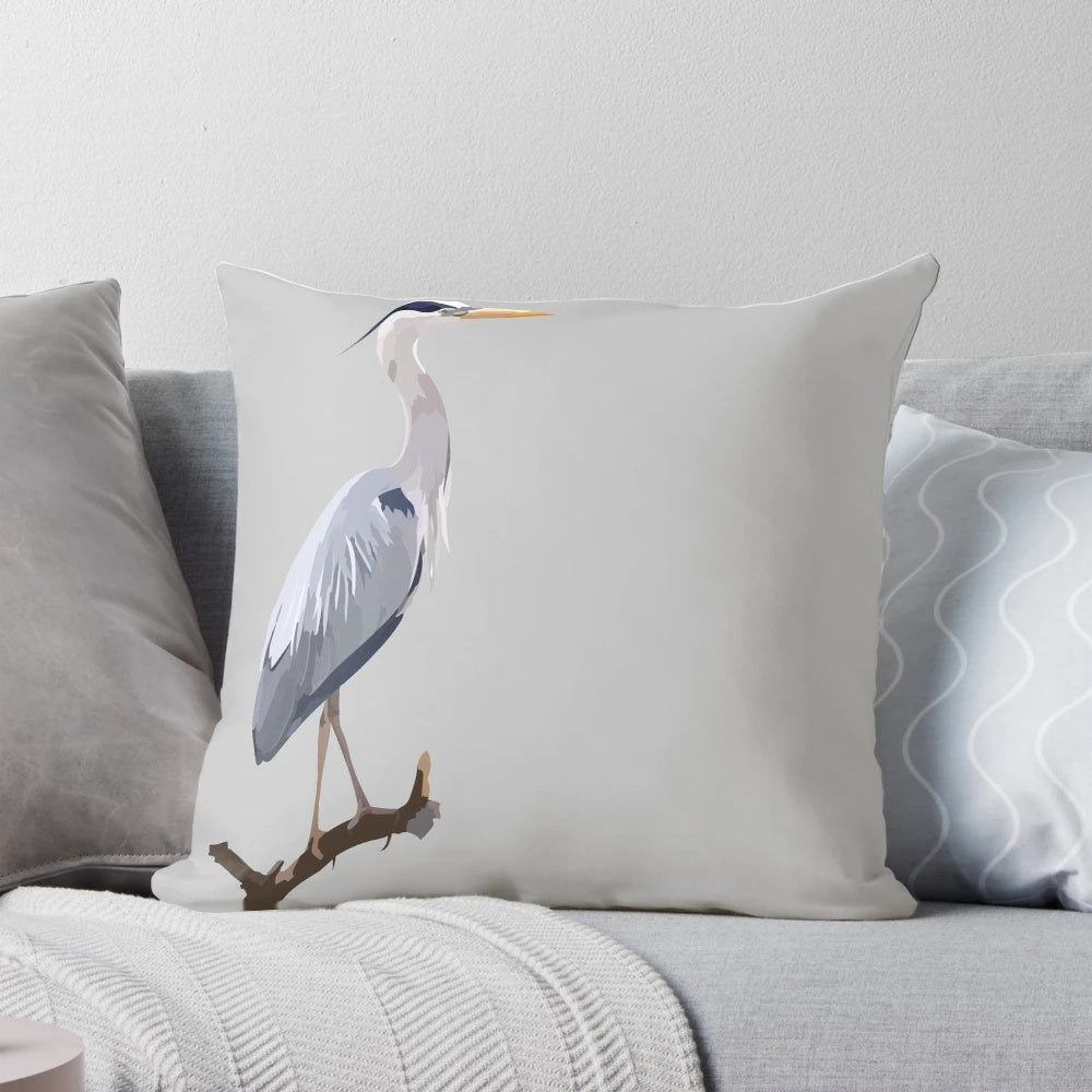 Beautifully detailed grey heron bird printed on a soft, high-quality pillow for nature-themed home decor
