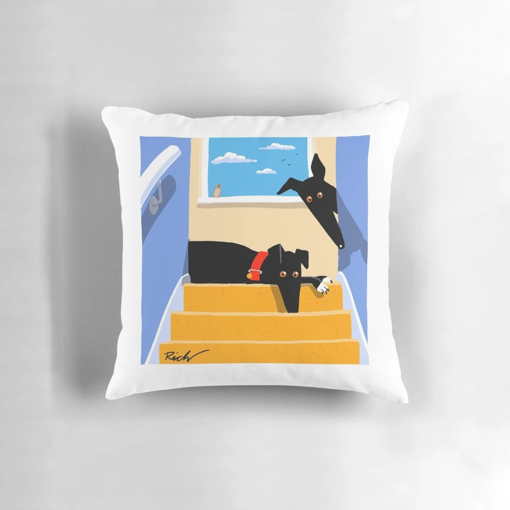 Decorative pillow featuring a greyhound, whippet, or lurcher hound on a staircase