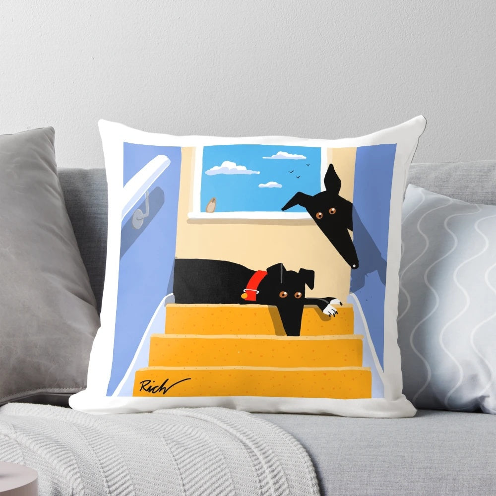 Decorative pillow featuring a greyhound, whippet, or lurcher hound on a staircase