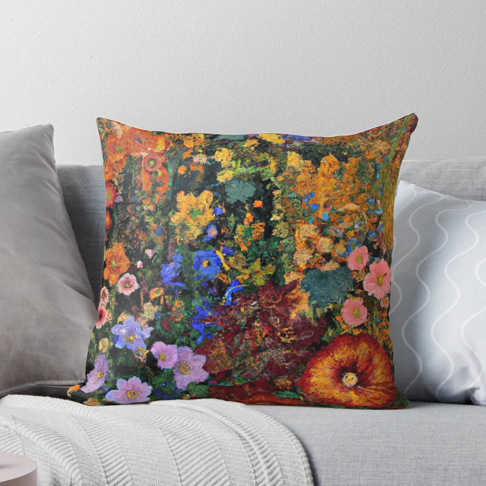 Vibrant floral pillow featuring Gustav Klimt's iconic "Flower Garden" artwork