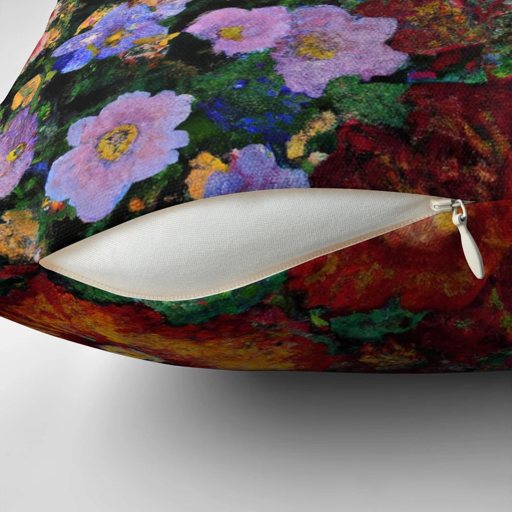 Vibrant floral pillow featuring Gustav Klimt's iconic "Flower Garden" artwork
