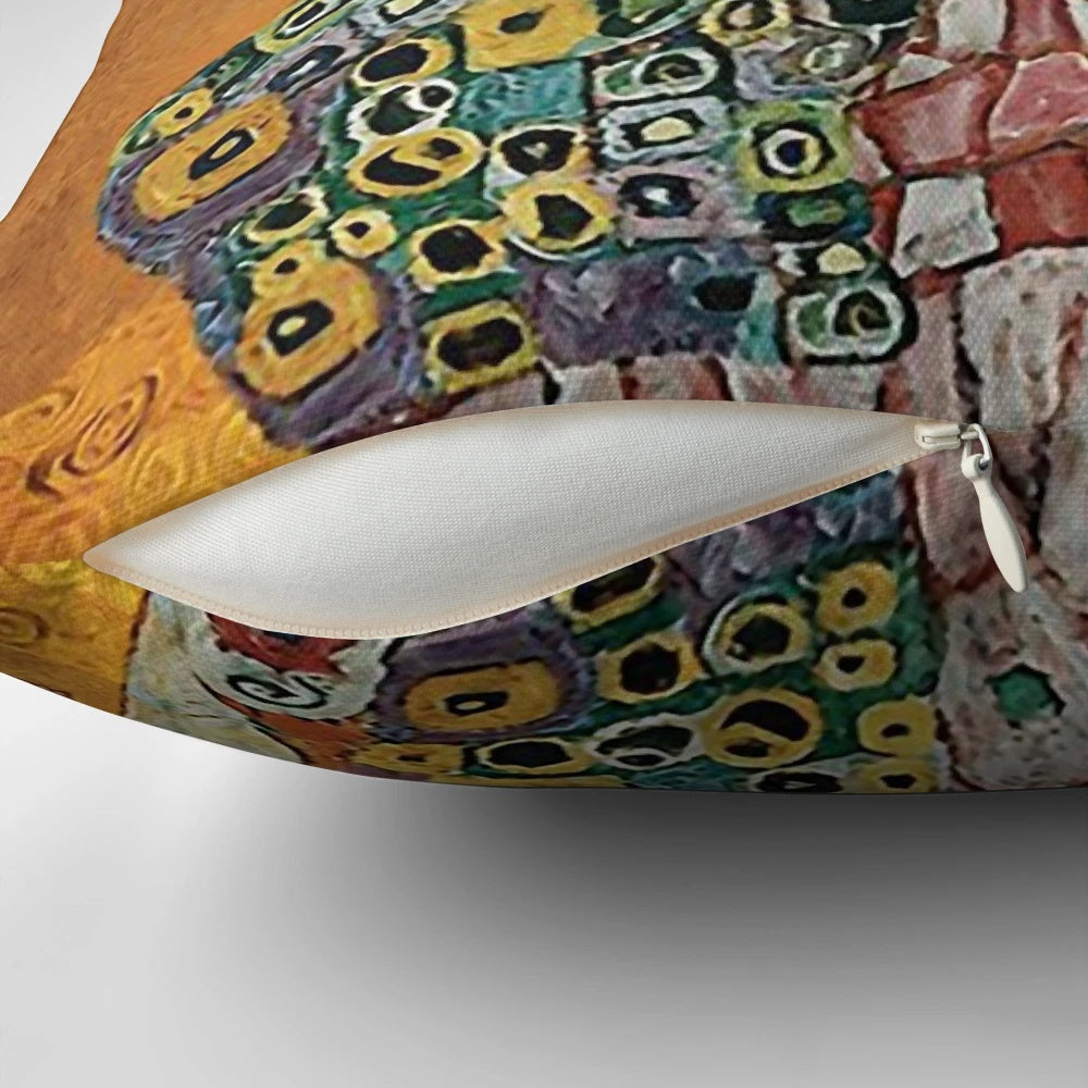 Decorative pillow featuring Gustav Klimt's iconic painting "The Family Embrace