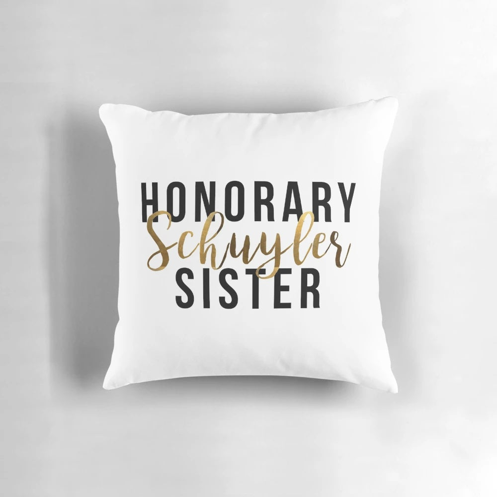 Plush throw pillow featuring the Schuyler Sisters from the hit Broadway musical Hamilton, with gold foil accents.