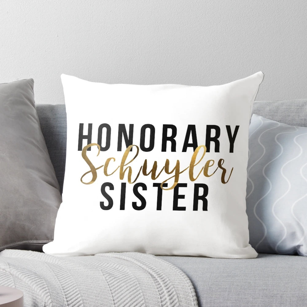 Plush throw pillow featuring the Schuyler Sisters from the hit Broadway musical Hamilton, with gold foil accents.