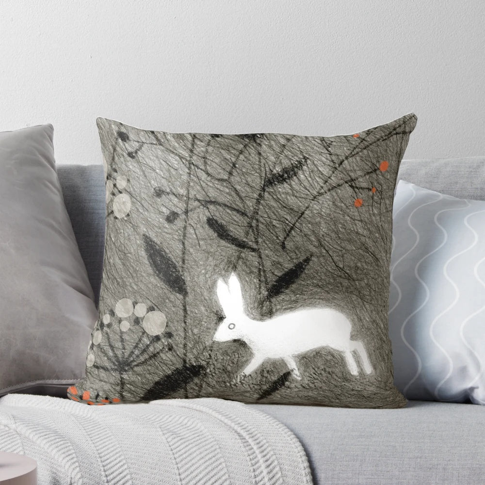 Hare pillow featuring a beautifully detailed illustration of a rabbit in a floral, botanical setting