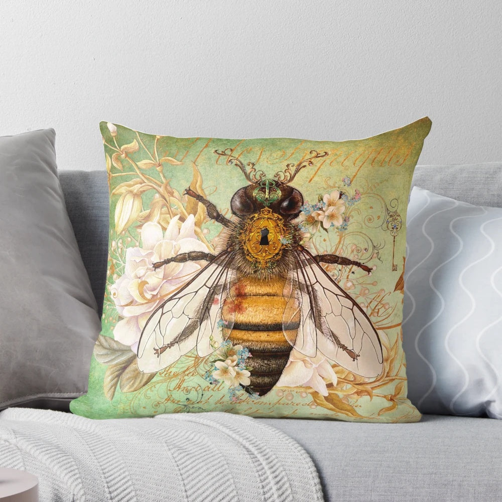 Elegant pillow featuring a honey bee and floral design