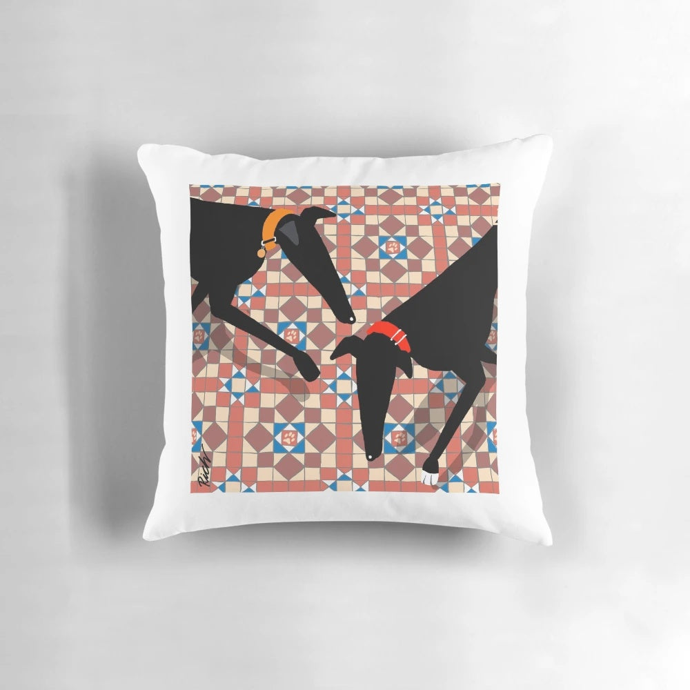 Greyhound, whippet, and lurcher hounds depicted on a Victorian-inspired tiles background on a plush, high-quality pillow for interior design.