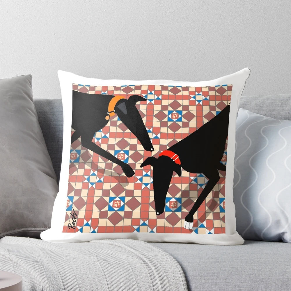 Greyhound, whippet, and lurcher hounds depicted on a Victorian-inspired tiles background on a plush, high-quality pillow for interior design.