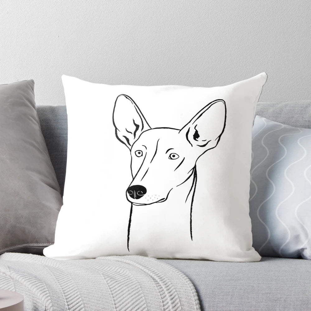 Minimalistic black and white portrait of an Ibizan hound, an elegant dog breed.