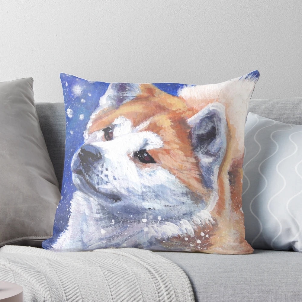 Realistic painting of a Japanese Akita dog on a decorative pillow