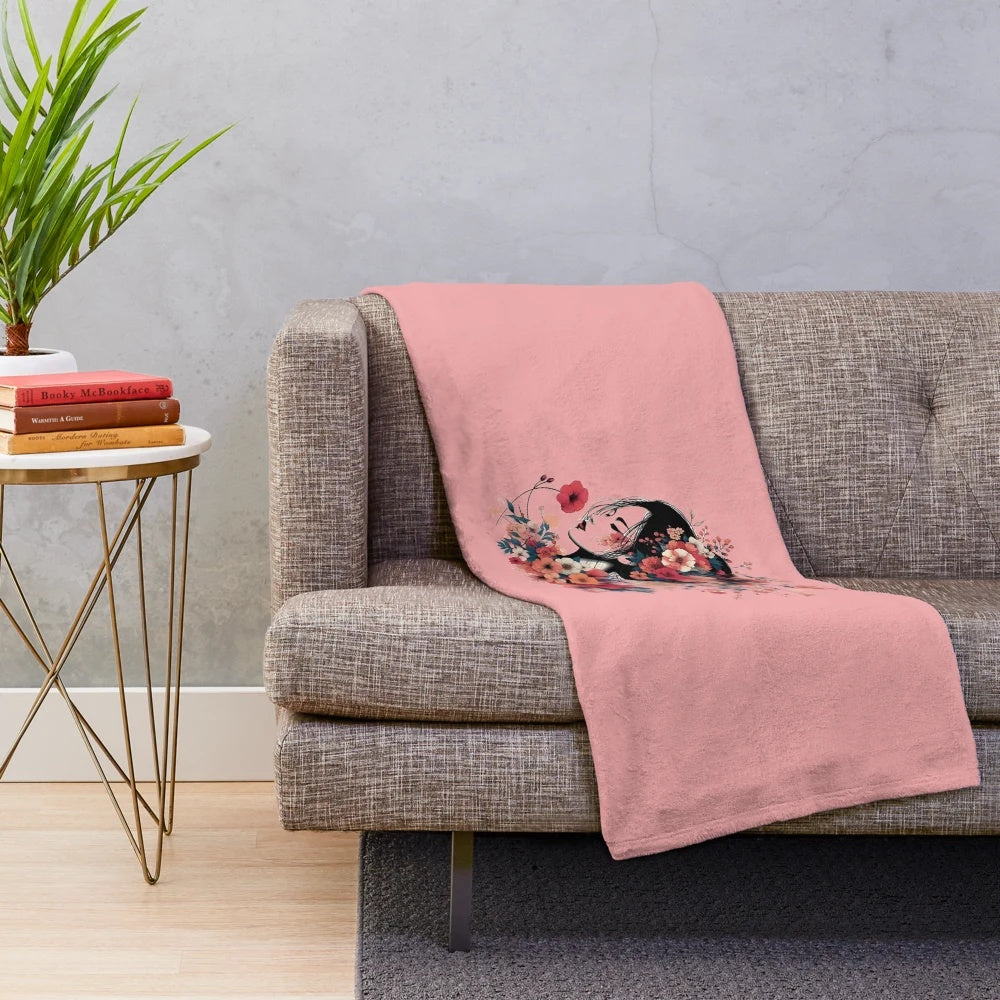 Japanese autumn-inspired plush blanket with abstract floral portrait and blooming face