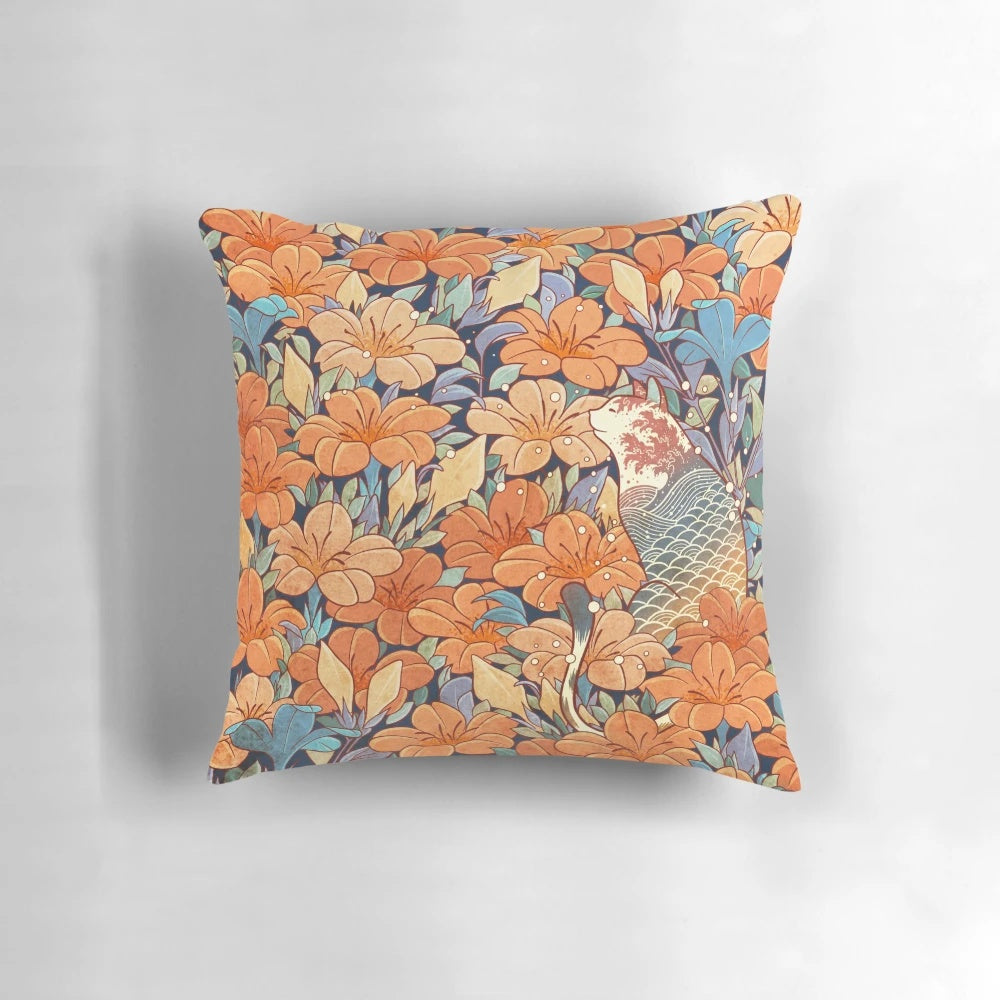 Decorative pillow featuring a beautifully illustrated Japanese cat surrounded by vibrant orange flowers and botanical elements.