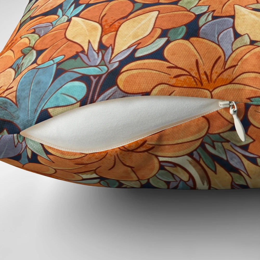 Decorative pillow featuring a beautifully illustrated Japanese cat surrounded by vibrant orange flowers and botanical elements.