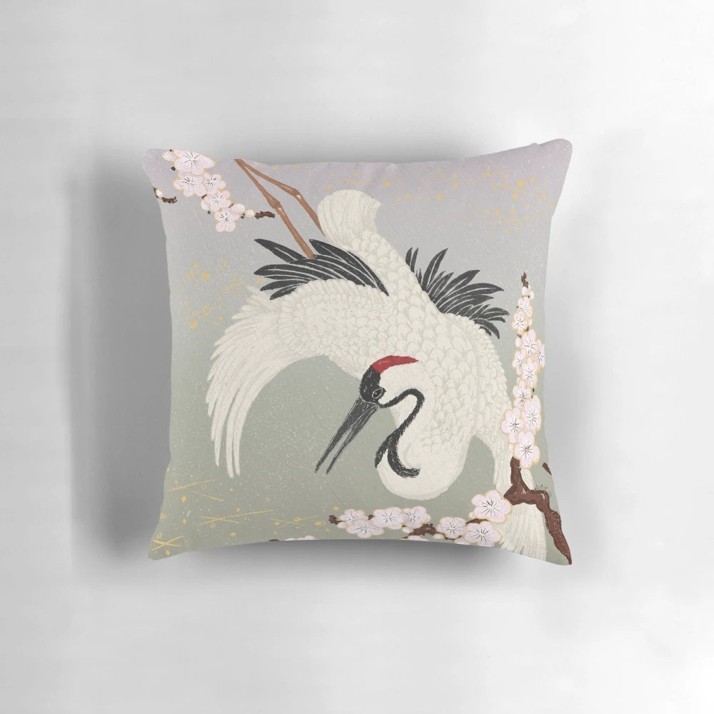 Vintage-style Japanese crane and sakura blossom decorative pillow