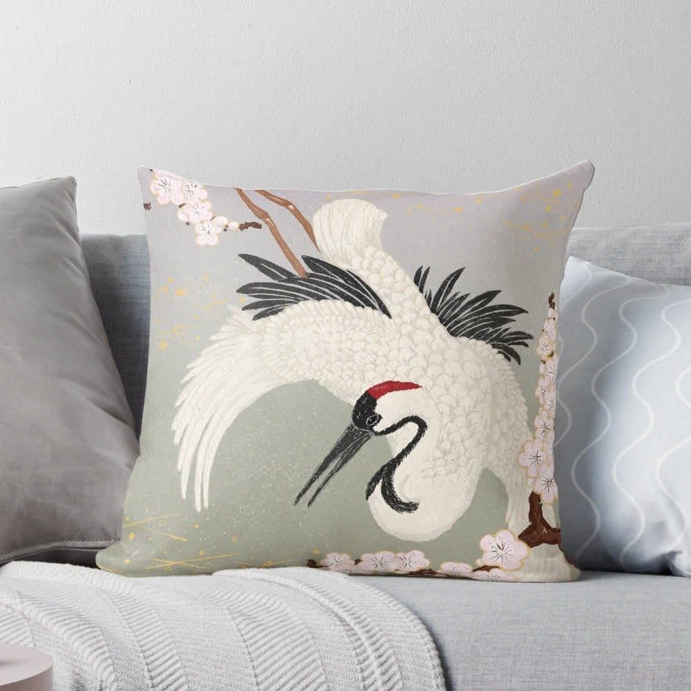 Vintage-style Japanese crane and sakura blossom decorative pillow