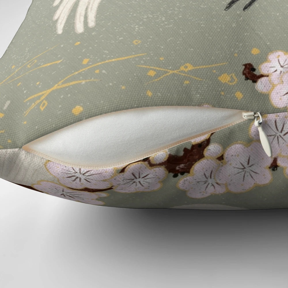 Vintage-style Japanese crane and sakura blossom decorative pillow