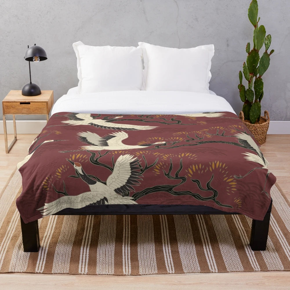 Beautifully detailed Japanese crane plush blanket with elegant floral pattern