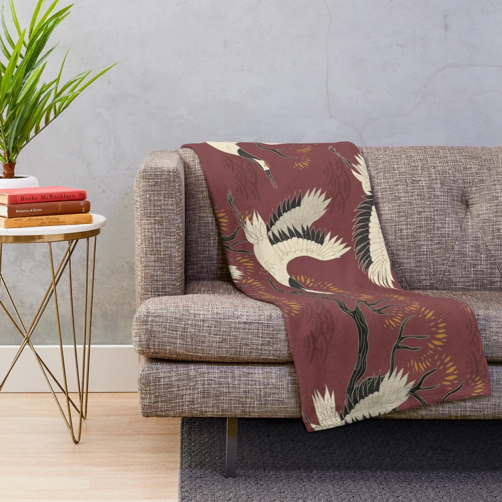 Beautifully detailed Japanese crane plush blanket with elegant floral pattern