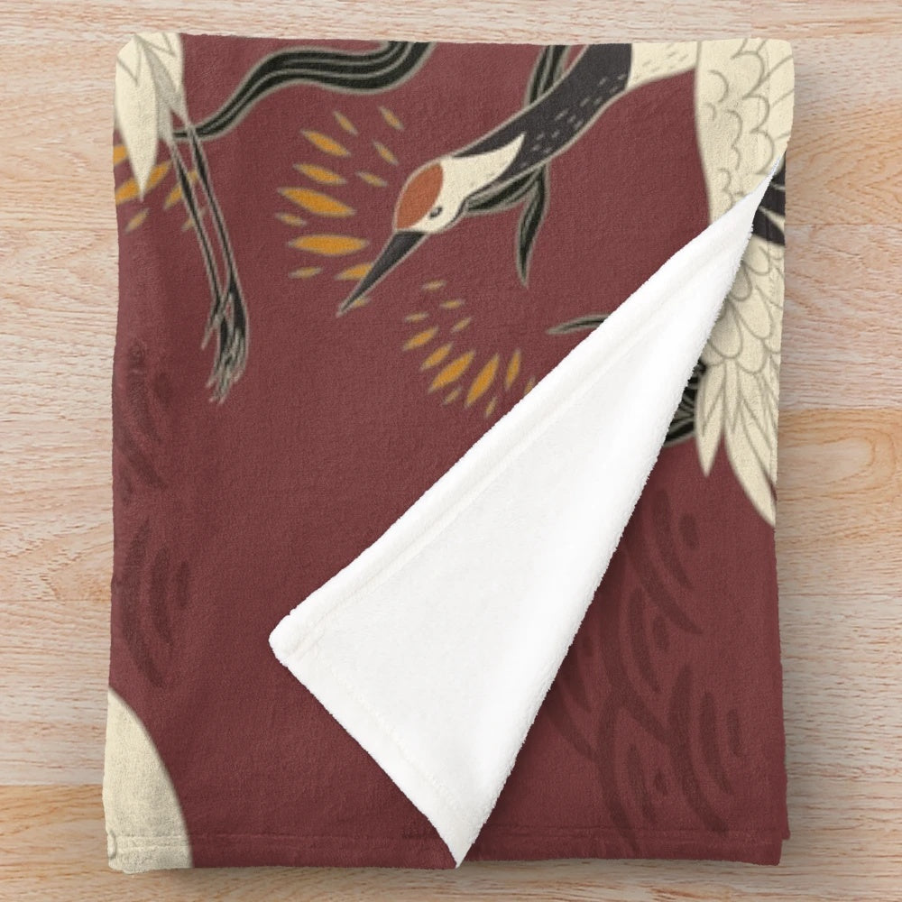 Beautifully detailed Japanese crane plush blanket with elegant floral pattern