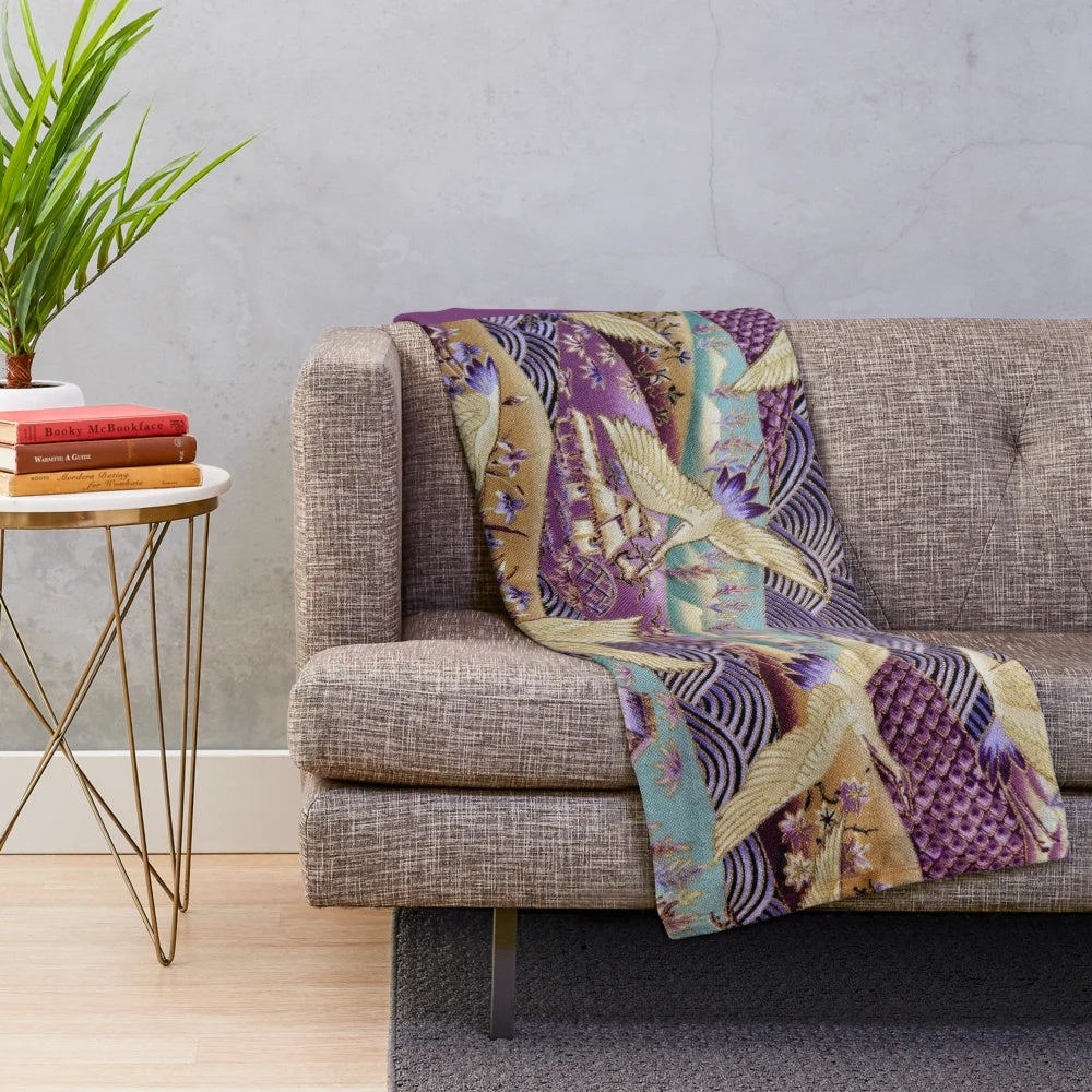 Japanese crane plush blanket with embroidered pattern