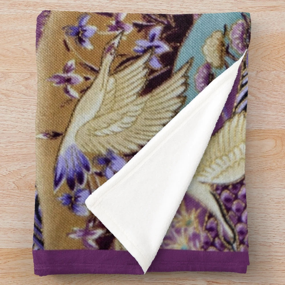 Japanese crane plush blanket with embroidered pattern