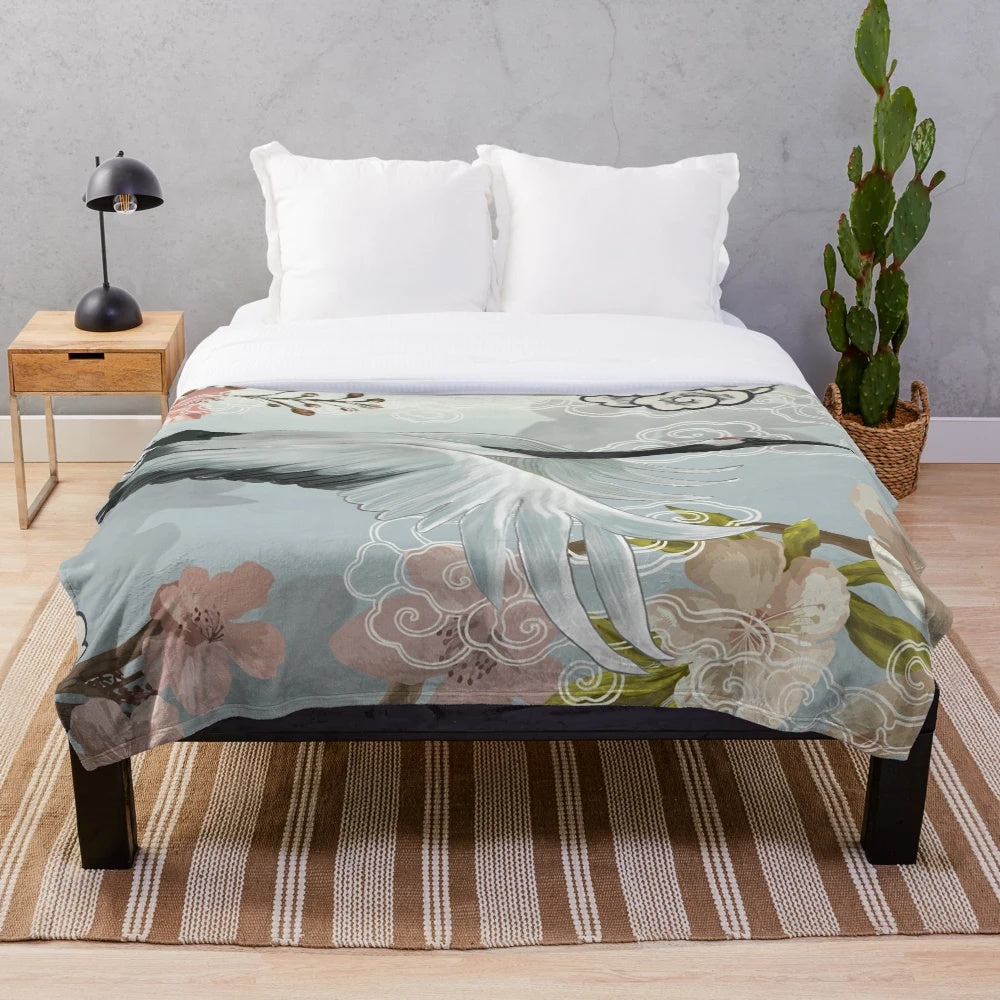 Japanese Crane Plush Blanket with a beautiful, elegant crane pattern