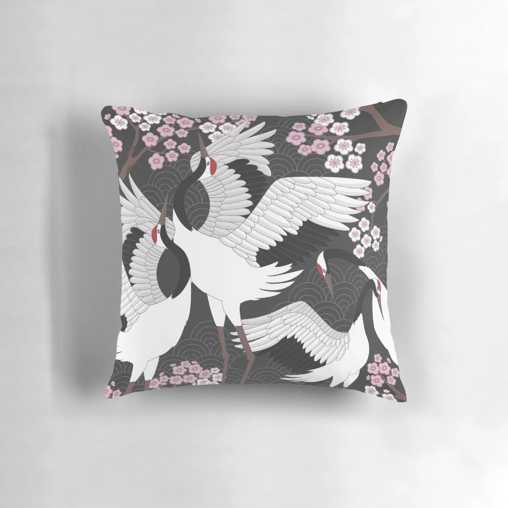 Beautifully designed pillow featuring graceful Japanese cranes in a sakura-inspired pattern