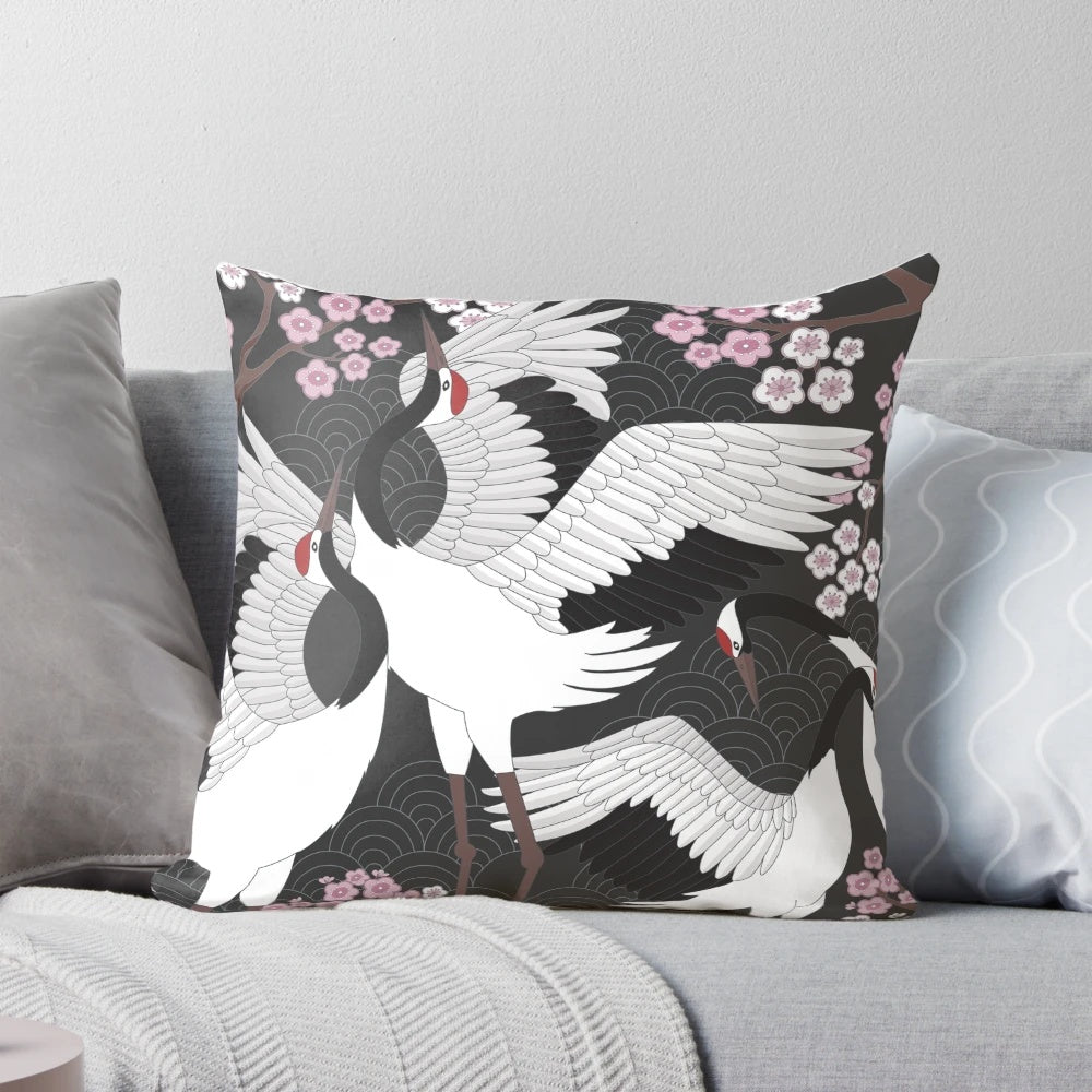 Beautifully designed pillow featuring graceful Japanese cranes in a sakura-inspired pattern