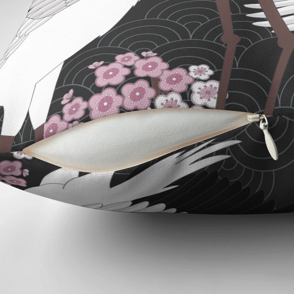 Beautifully designed pillow featuring graceful Japanese cranes in a sakura-inspired pattern