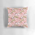 Vibrant pink and white floral pillow with Japanese garden and crane motifs.