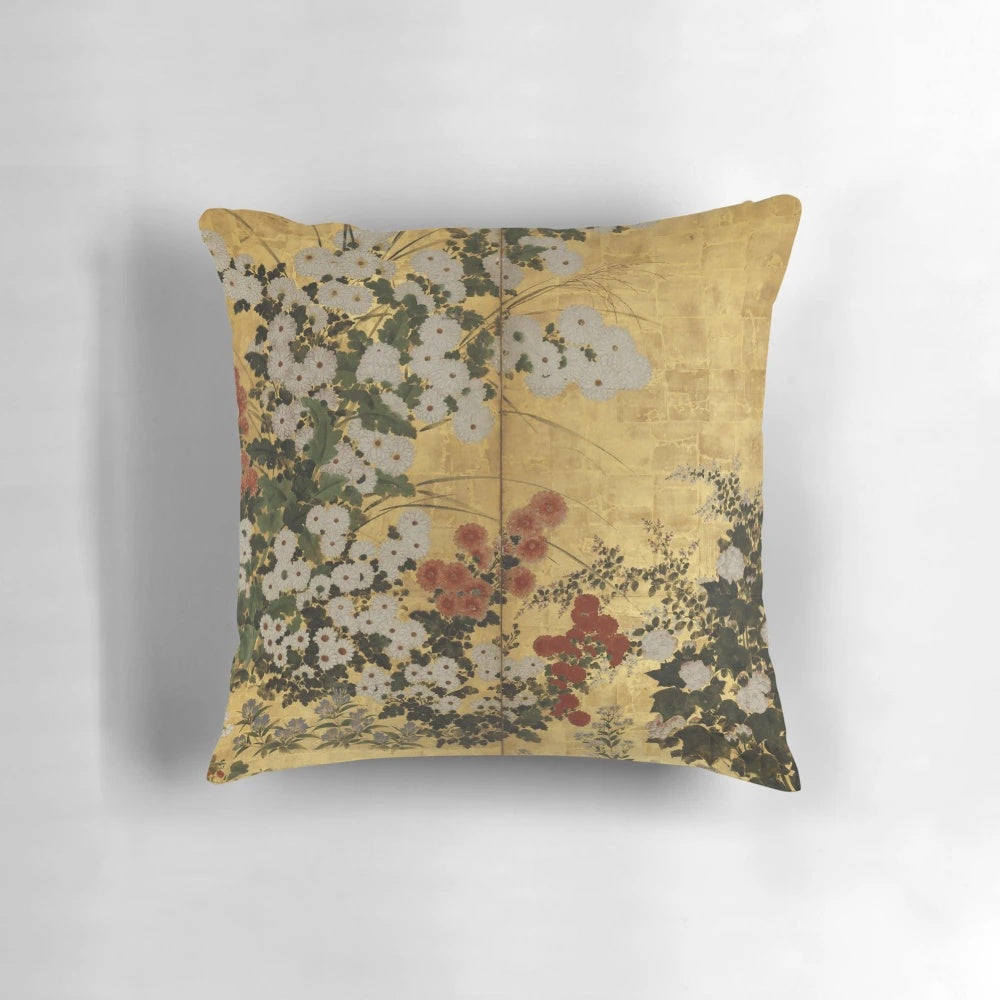 A beautiful white and red chrysanthemum floral print pillow with a vintage Japanese gold screen design.
