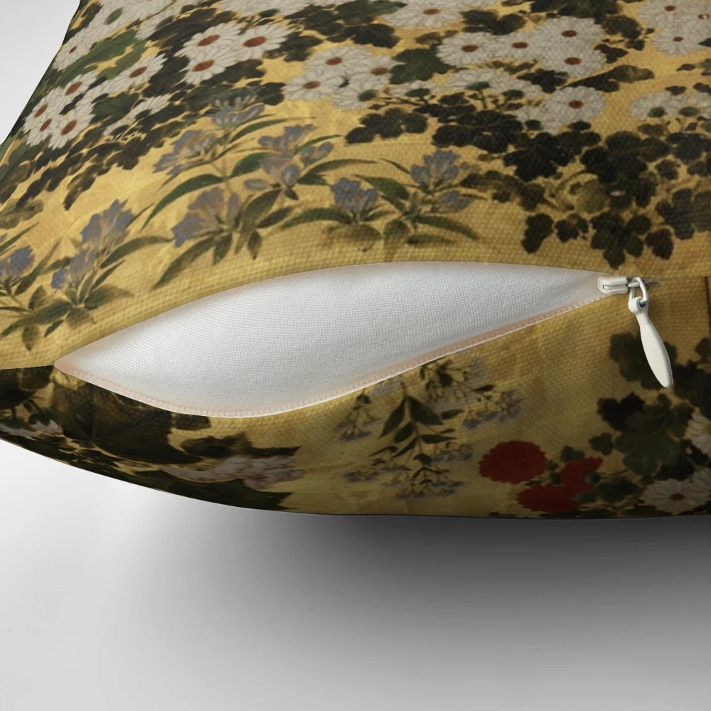 A beautiful white and red chrysanthemum floral print pillow with a vintage Japanese gold screen design.