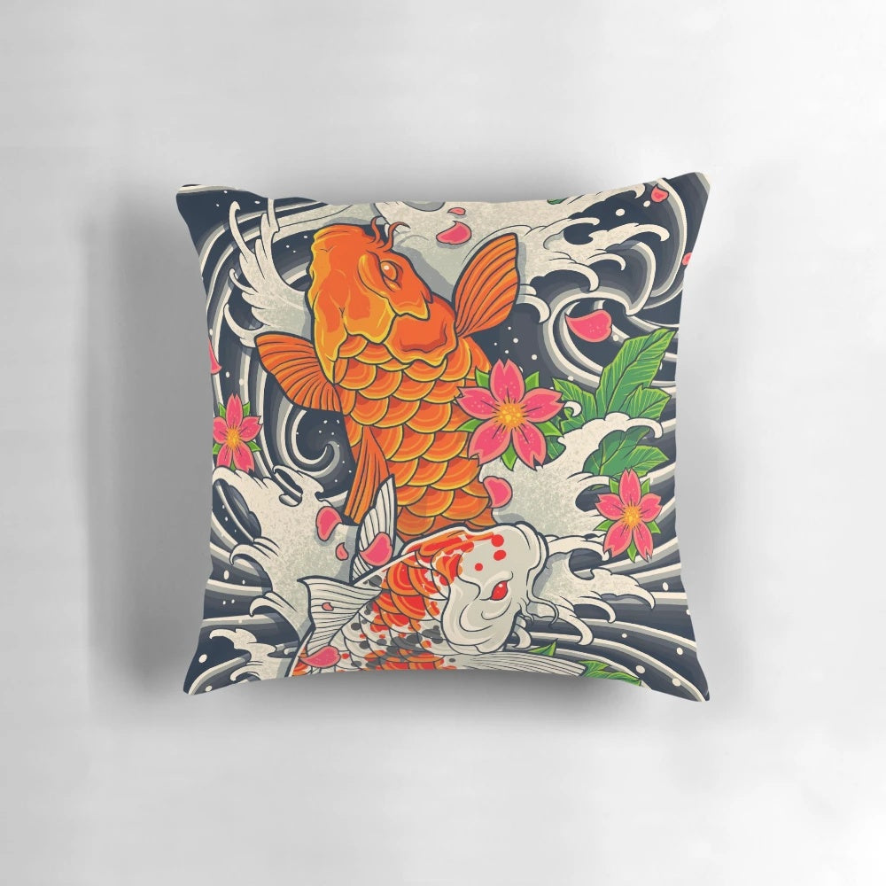 A decorative throw pillow featuring a beautiful koi fish pond design in a traditional Japanese style.