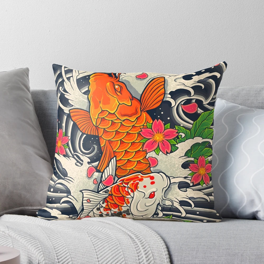A decorative throw pillow featuring a beautiful koi fish pond design in a traditional Japanese style.