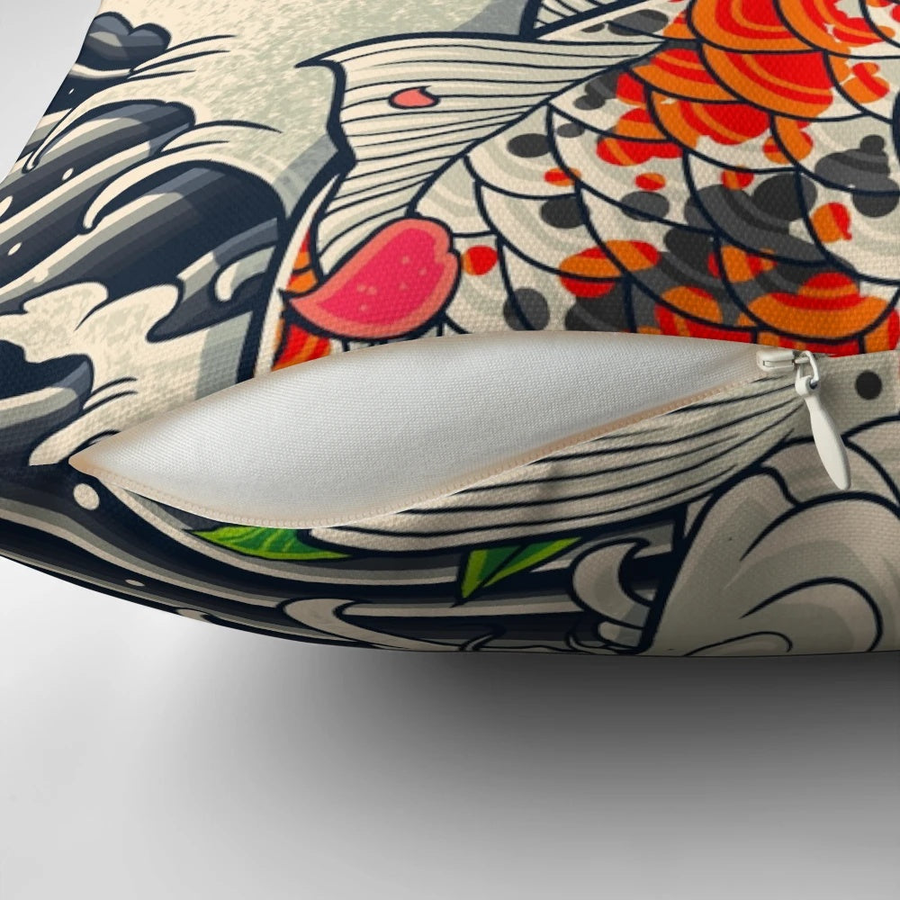 A decorative throw pillow featuring a beautiful koi fish pond design in a traditional Japanese style.