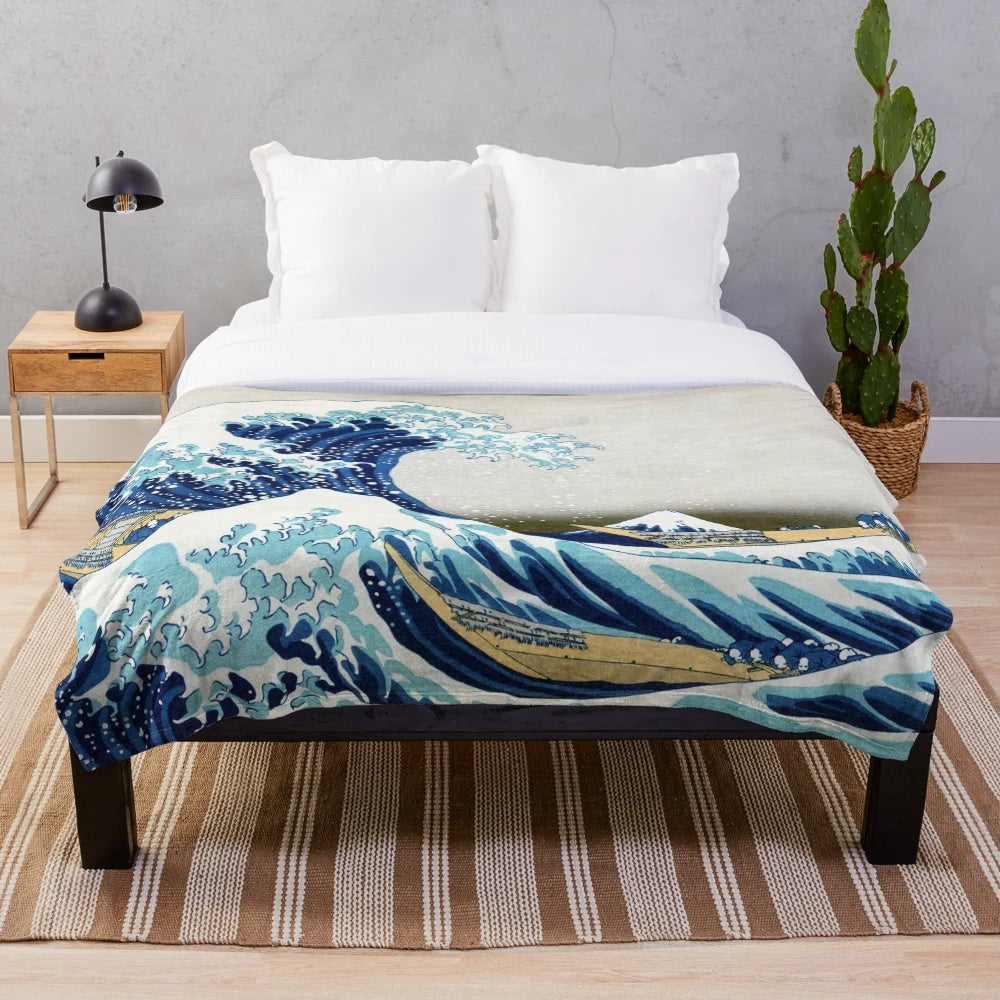 The Great Wave of Kanagawa plush blanket with Japanese art