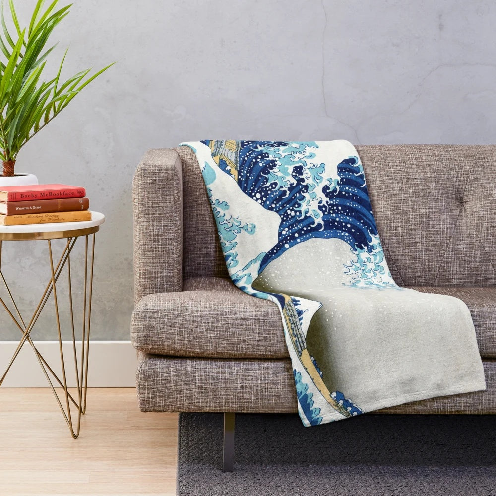 The Great Wave of Kanagawa plush blanket with Japanese art