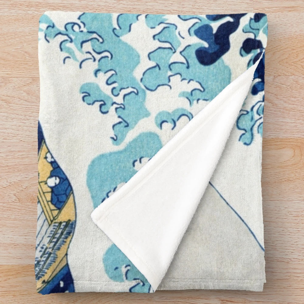 The Great Wave of Kanagawa plush blanket with Japanese art