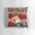 A stylish and modern throw pillow featuring a portrait of actor Jeremy Allen White