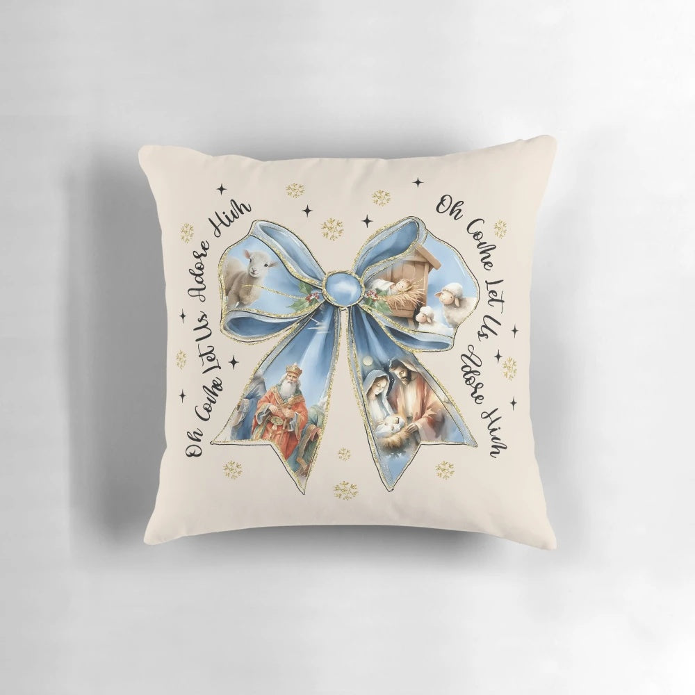 Beautifully designed Jesus Christmas coquette bow pillow with a nativity scene and bible verse