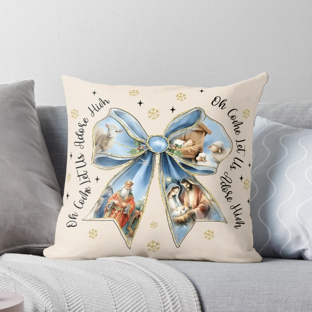 Beautifully designed Jesus Christmas coquette bow pillow with a nativity scene and bible verse