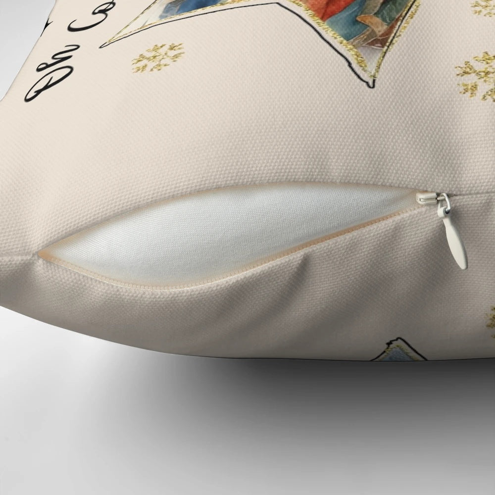 Beautifully designed Jesus Christmas coquette bow pillow with a nativity scene and bible verse