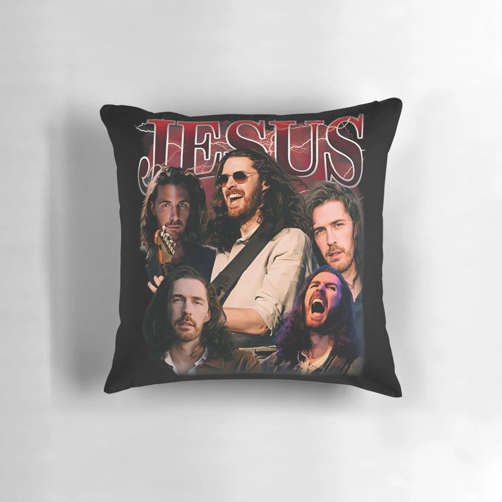 Soft, comfortable pillow featuring a stylish design with the text "Jesus Shirt, Easter Shirt, Christian Easter Shirt" and Hozier-inspired music references.