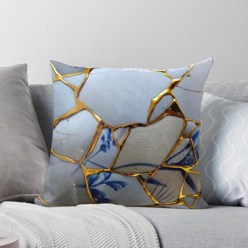 Kintsugi-inspired decorative pillow with a unique Japanese ceramic design