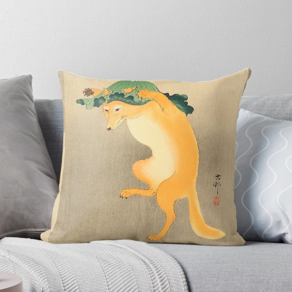 Decorative pillow featuring a whimsical illustration of a fox wearing a lotus-leaf hat, inspired by traditional Japanese ukiyo-e art.