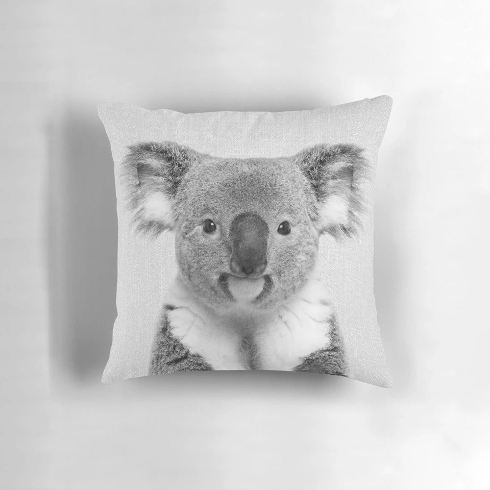 Stylish black and white koala portrait pillow for modern home and nursery decor