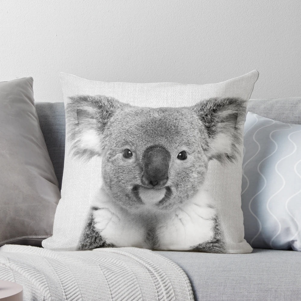 Stylish black and white koala portrait pillow for modern home and nursery decor